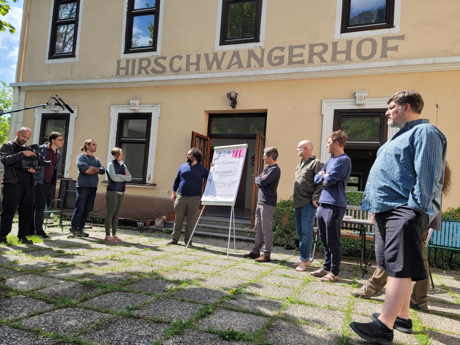 A session in the courtyard of the Hirschwangerhof, gathered around a flipchart